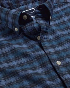 S|M<Charles Tyrwhitt Button-Down Collar Washed Oxford Check Shirt - Indigo Blue
