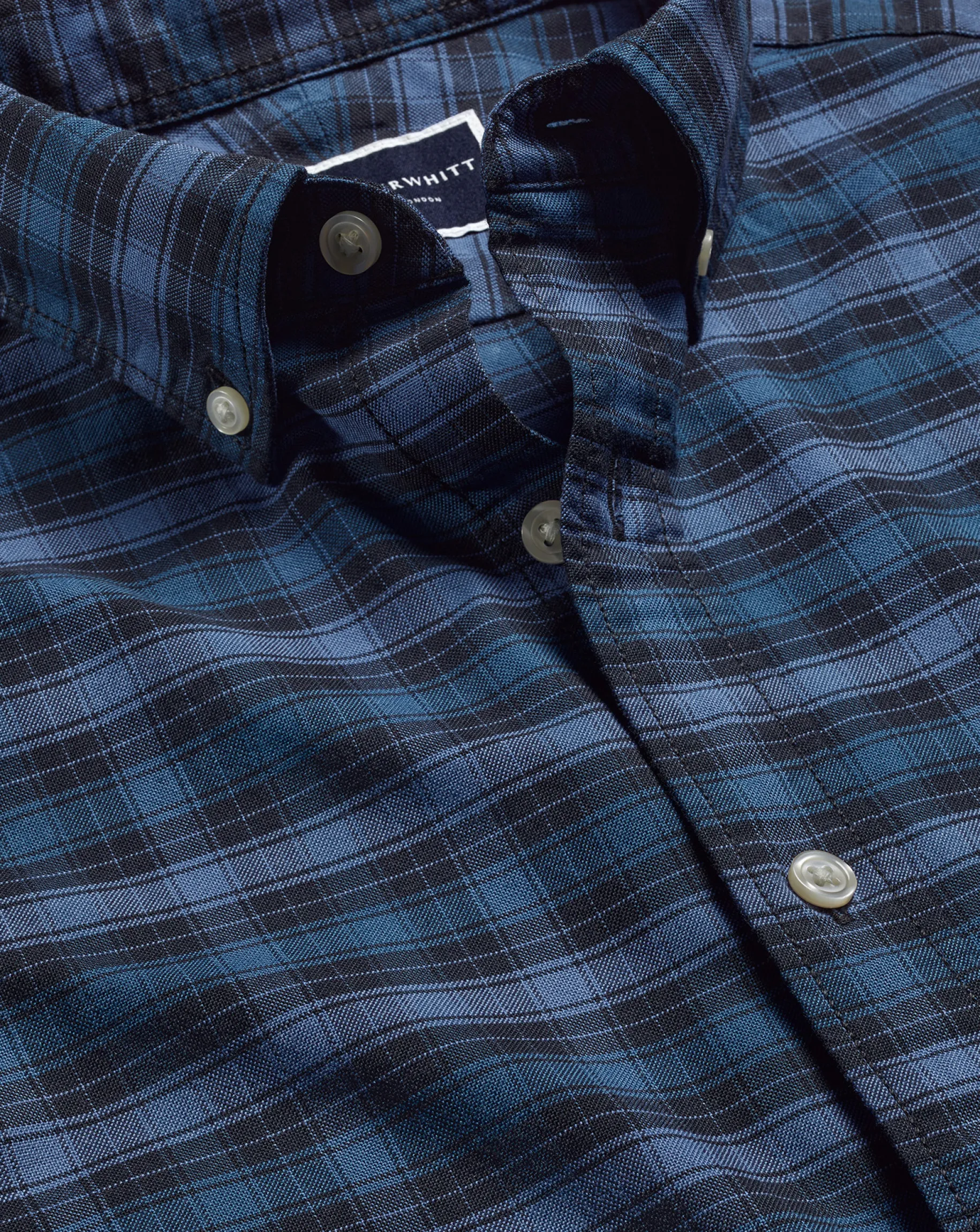 S|M<Charles Tyrwhitt Button-Down Collar Washed Oxford Check Shirt - Indigo Blue