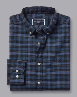 S|M<Charles Tyrwhitt Button-Down Collar Washed Oxford Check Shirt - Indigo Blue