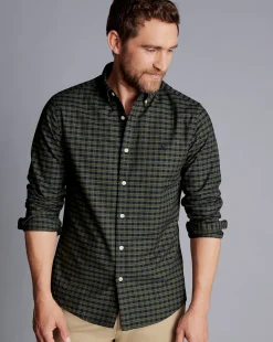 S|M<Charles Tyrwhitt Button-Down Collar Washed Oxford Check Shirt - Green Olive