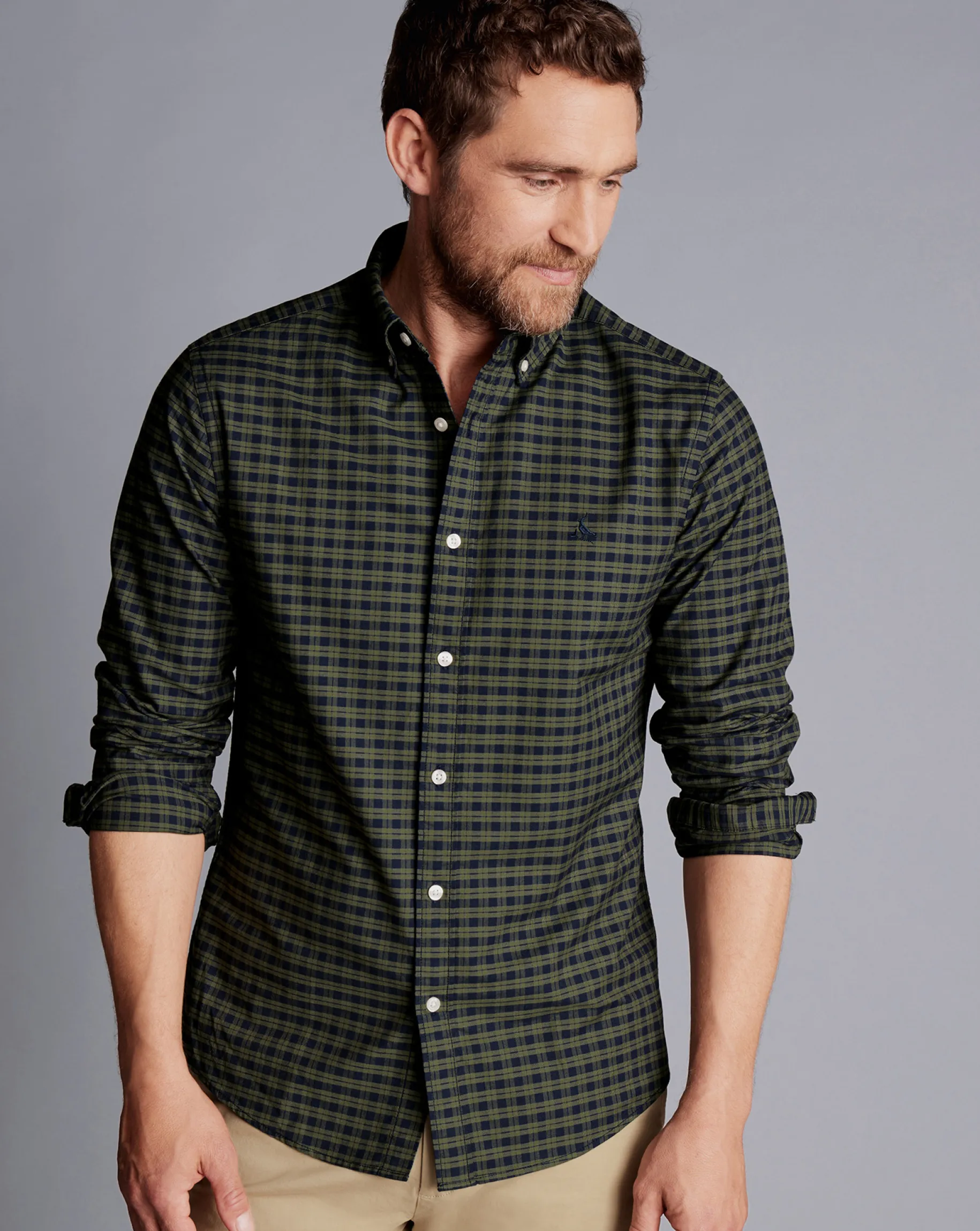 S|M<Charles Tyrwhitt Button-Down Collar Washed Oxford Check Shirt - Green Olive