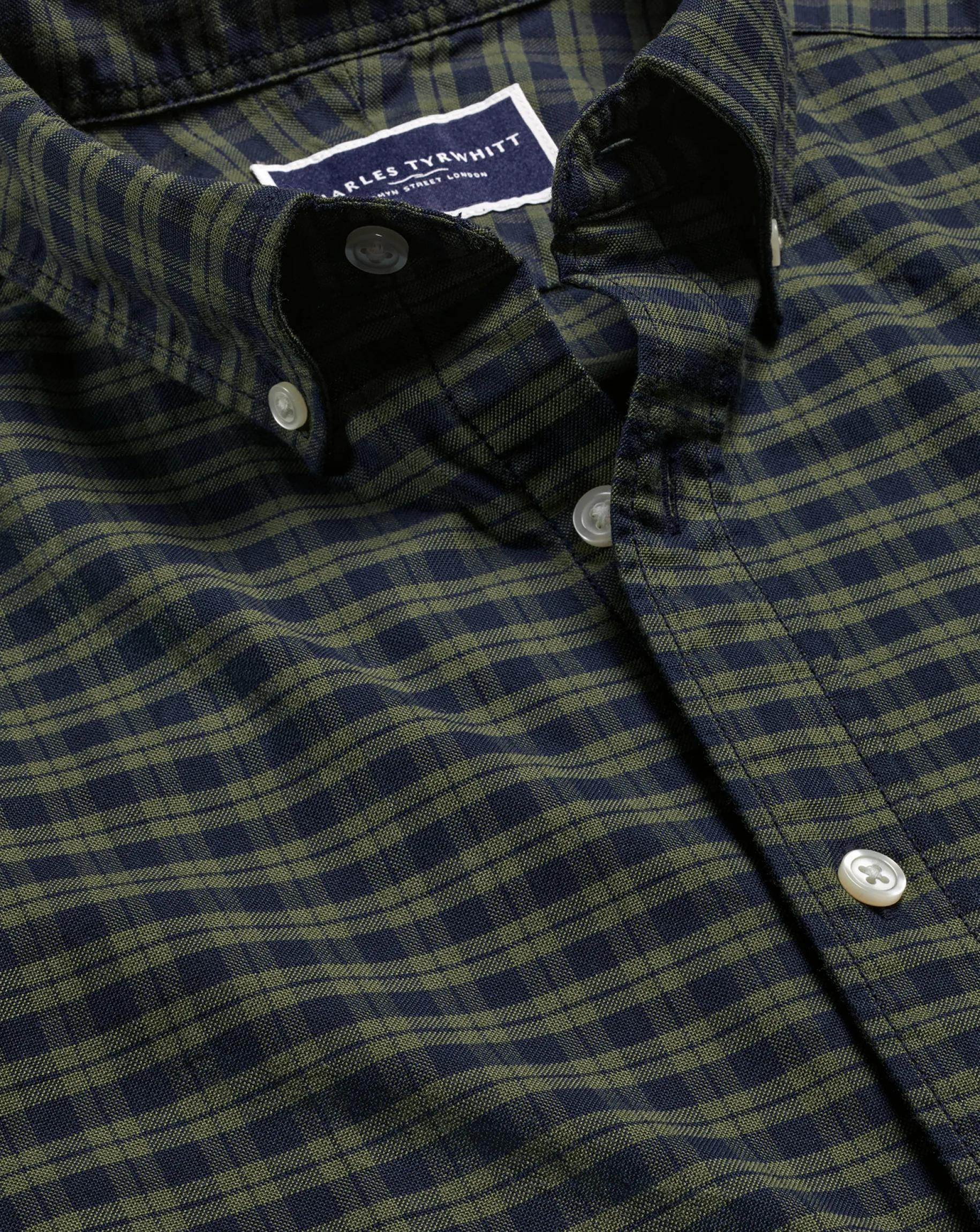 S|M<Charles Tyrwhitt Button-Down Collar Washed Oxford Check Shirt - Green Olive