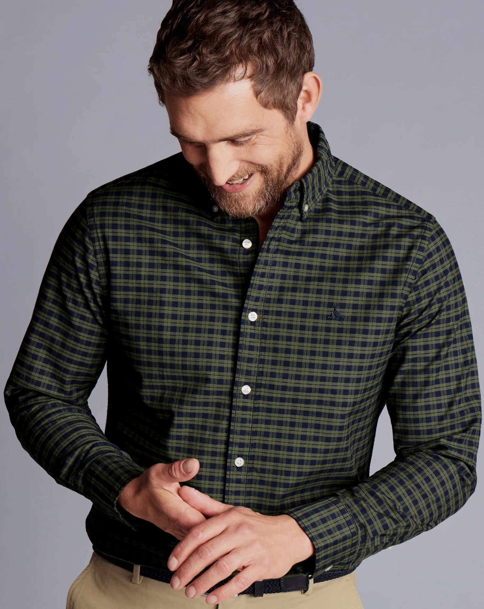 S|M<Charles Tyrwhitt Button-Down Collar Washed Oxford Check Shirt - Green Olive