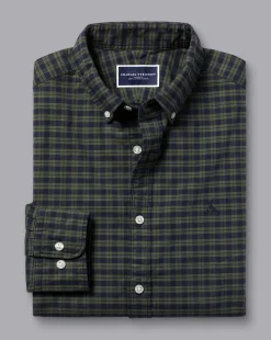 S|M<Charles Tyrwhitt Button-Down Collar Washed Oxford Check Shirt - Green Olive