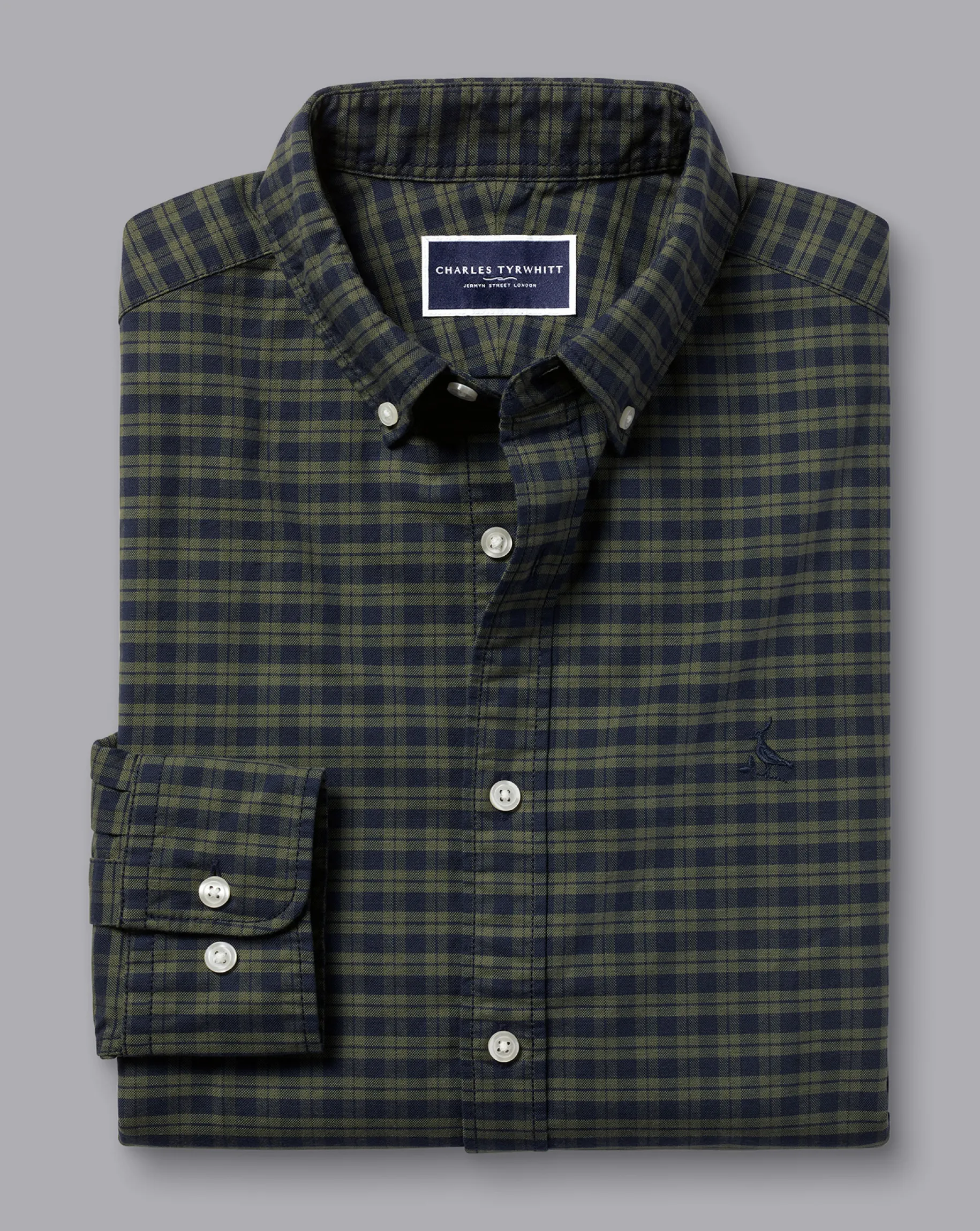 S|M<Charles Tyrwhitt Button-Down Collar Washed Oxford Check Shirt - Green Olive