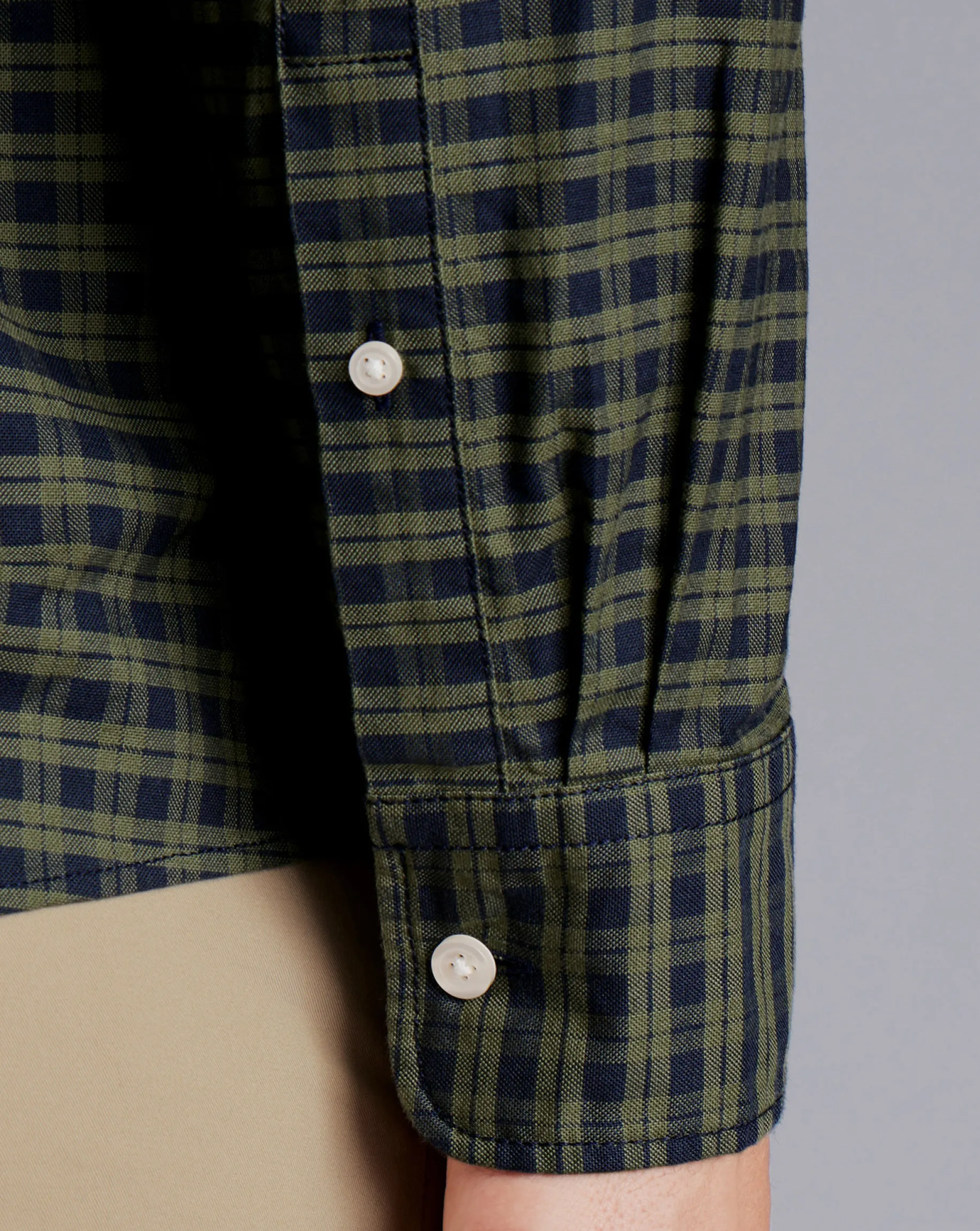 S|M<Charles Tyrwhitt Button-Down Collar Washed Oxford Check Shirt - Green Olive