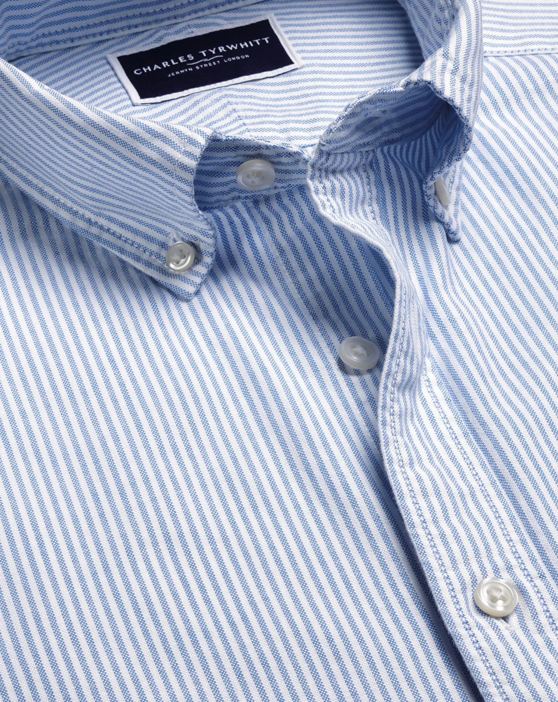 Short Sleeve Shirts|Casual Shirts<Charles Tyrwhitt Button-Down Collar Washed Oxford Stripe Short Sleeve Shirt - Ocean Blue