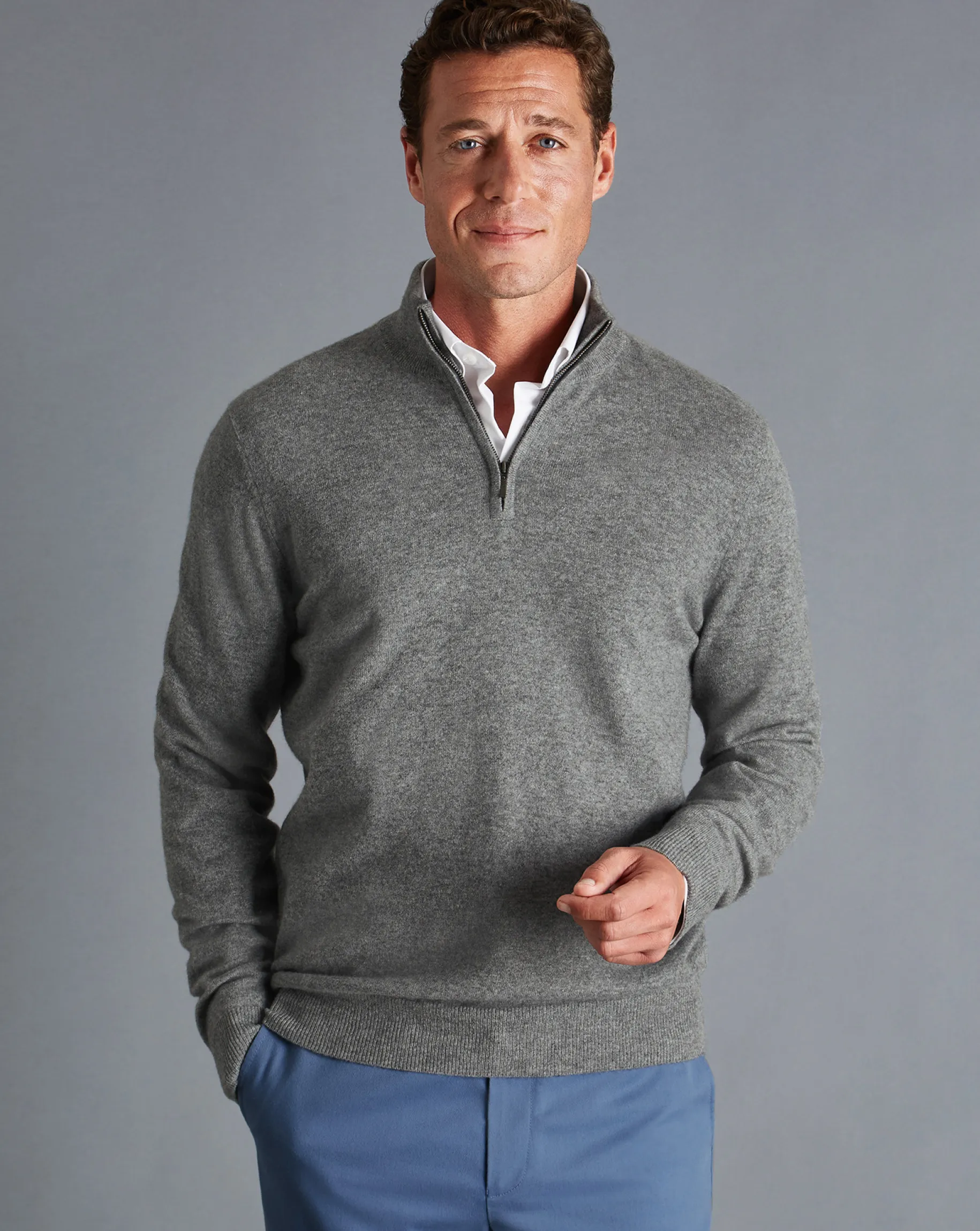 Seasonal Looks|Quarter Zip Sweaters<Charles Tyrwhitt Cashmere Quarter Zip Sweater - Grey