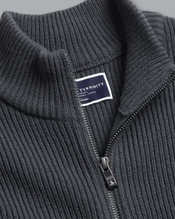 Grey Sweaters|Cardigans<Charles Tyrwhitt Chunky Zip Funnel Neck Cardigan - Grey Slate