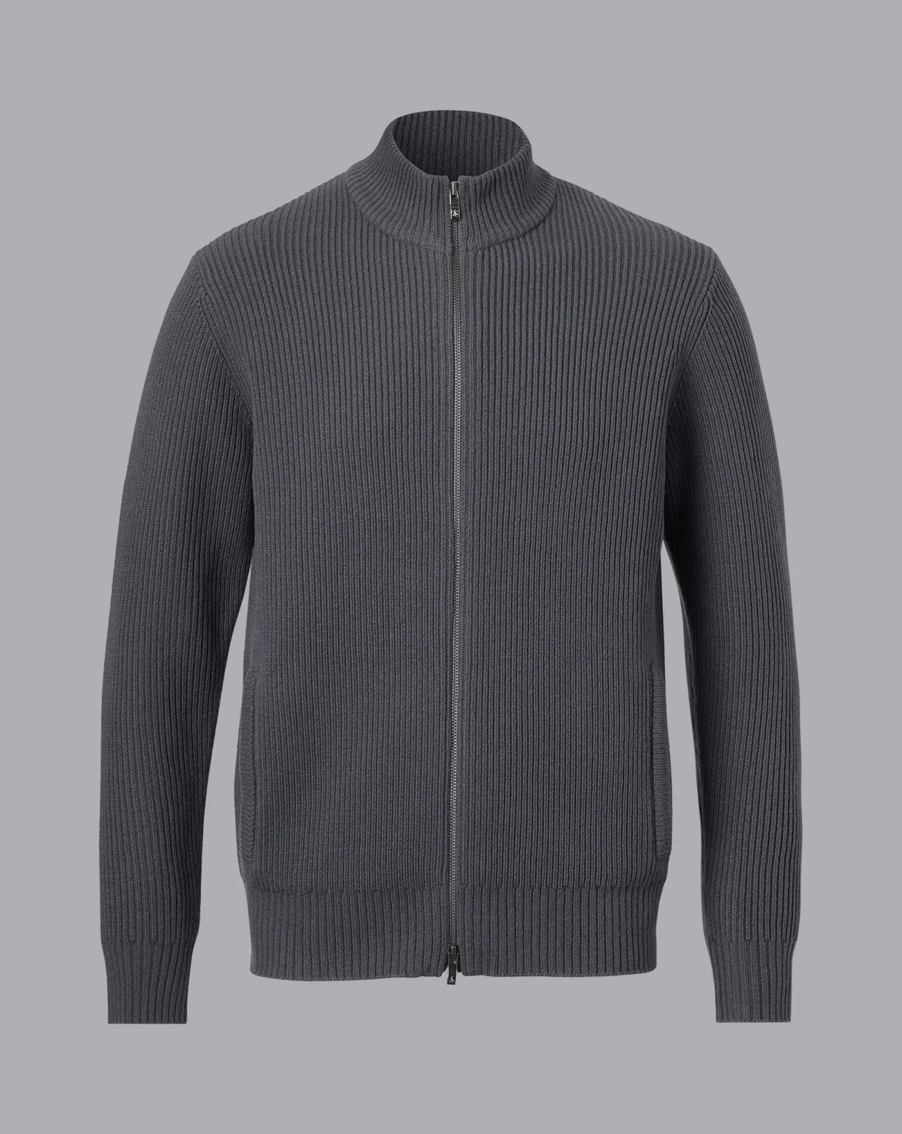Grey Sweaters|Cardigans<Charles Tyrwhitt Chunky Zip Funnel Neck Cardigan - Grey Slate