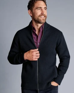 Blue Sweaters|Cardigans<Charles Tyrwhitt Chunky Zip Funnel Neck Cardigan - Navy