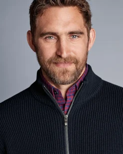 Blue Sweaters|Cardigans<Charles Tyrwhitt Chunky Zip Funnel Neck Cardigan - Navy