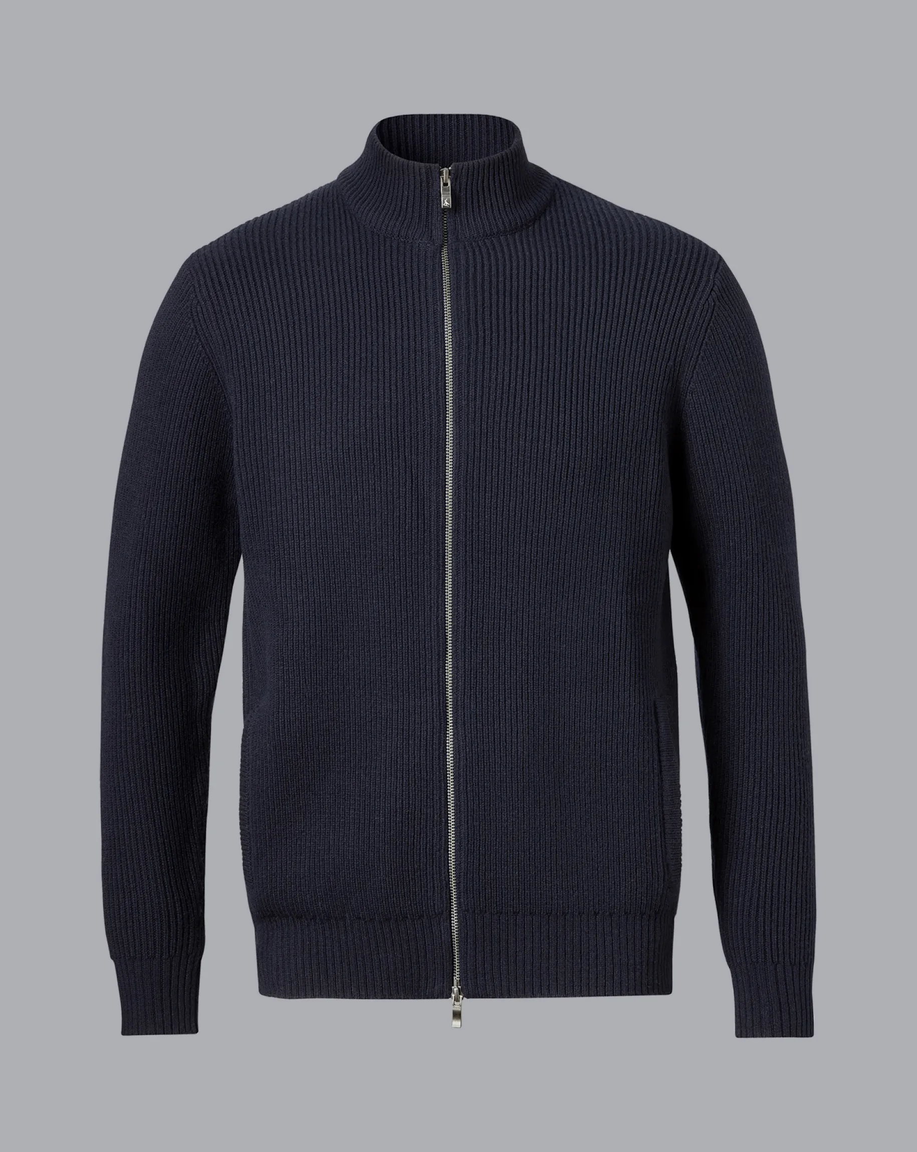 Blue Sweaters|Cardigans<Charles Tyrwhitt Chunky Zip Funnel Neck Cardigan - Navy