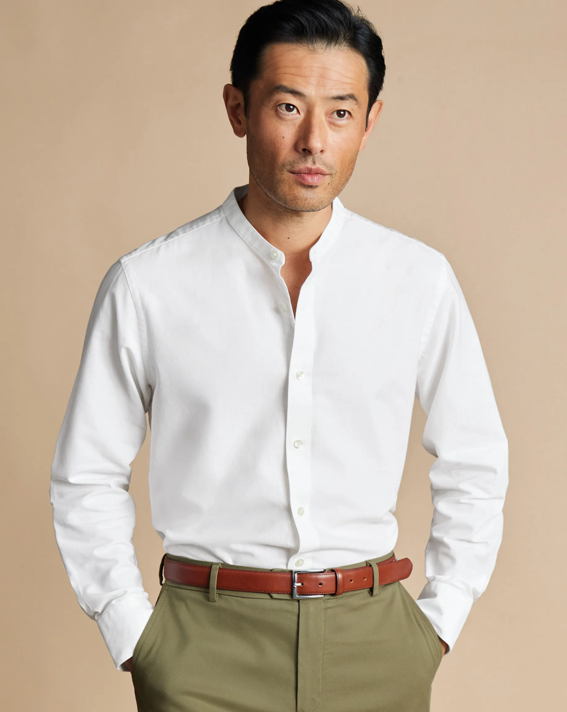 Collarless Shirts|Casual Shirts<Charles Tyrwhitt Collarless Cotton Linen Shirt - White