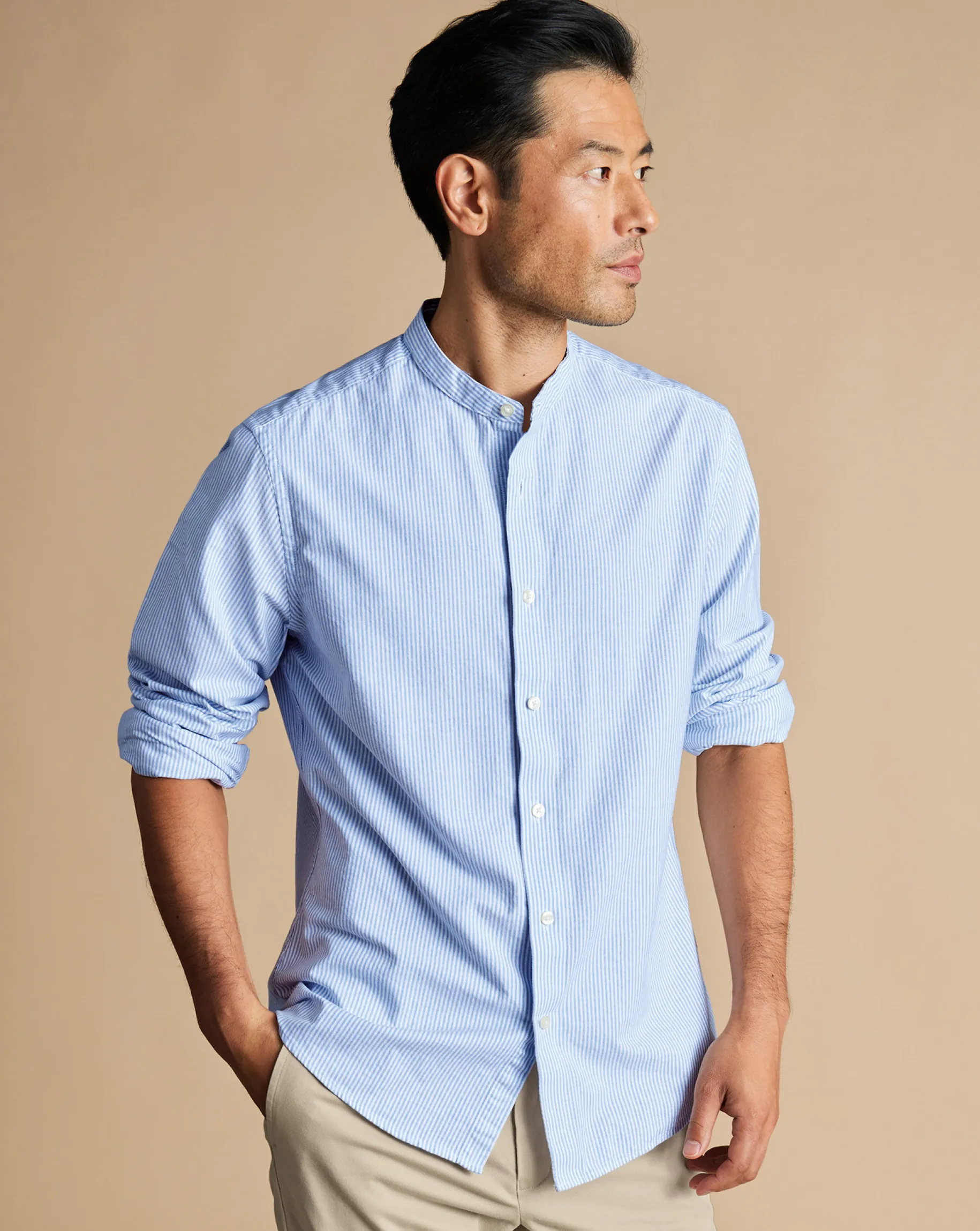 Casual Shirts|Collarless Shirts<Charles Tyrwhitt Collarless Stretch Washed Oxford Stripe Shirt - Ocean Blue