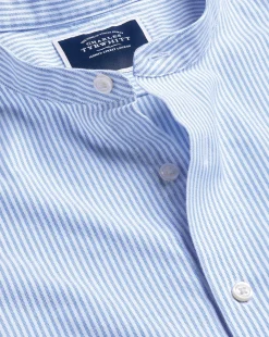 Casual Shirts|Collarless Shirts<Charles Tyrwhitt Collarless Stretch Washed Oxford Stripe Shirt - Ocean Blue