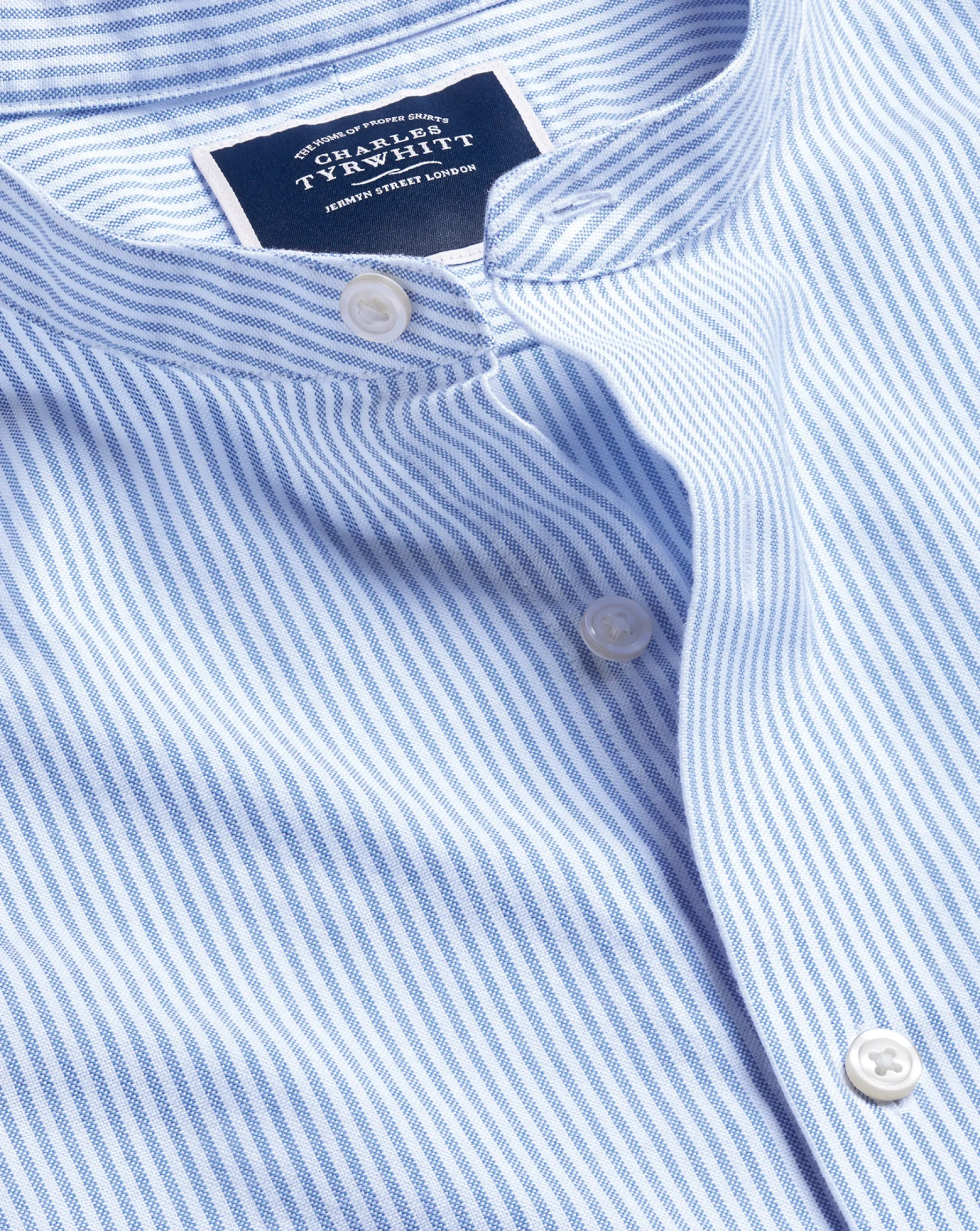 Casual Shirts|Collarless Shirts<Charles Tyrwhitt Collarless Stretch Washed Oxford Stripe Shirt - Ocean Blue
