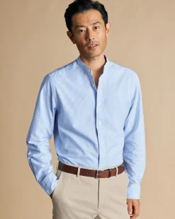 Casual Shirts|Collarless Shirts<Charles Tyrwhitt Collarless Stretch Washed Oxford Stripe Shirt - Ocean Blue