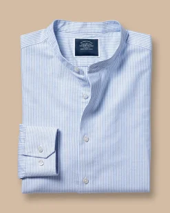 Casual Shirts|Collarless Shirts<Charles Tyrwhitt Collarless Stretch Washed Oxford Stripe Shirt - Ocean Blue