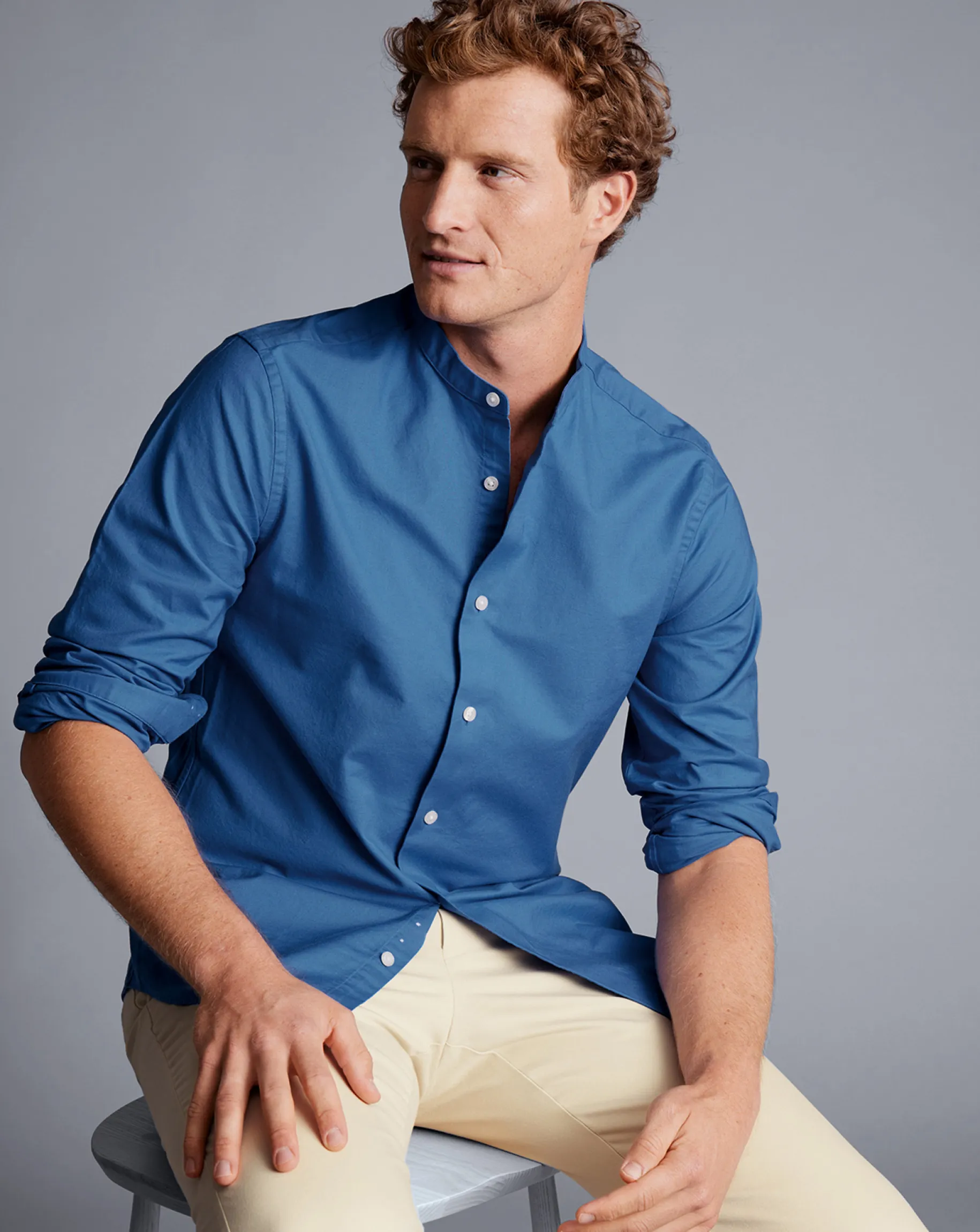 Shirt Sale|Casual Shirts<Charles Tyrwhitt Collarless Washed Oxford Shirt - Ocean Blue