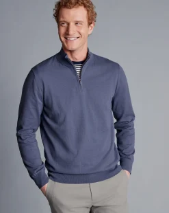 Golf Collection|Sweaters<Charles Tyrwhitt Combed Cotton Quarter Zip Sweater - Heather Blue