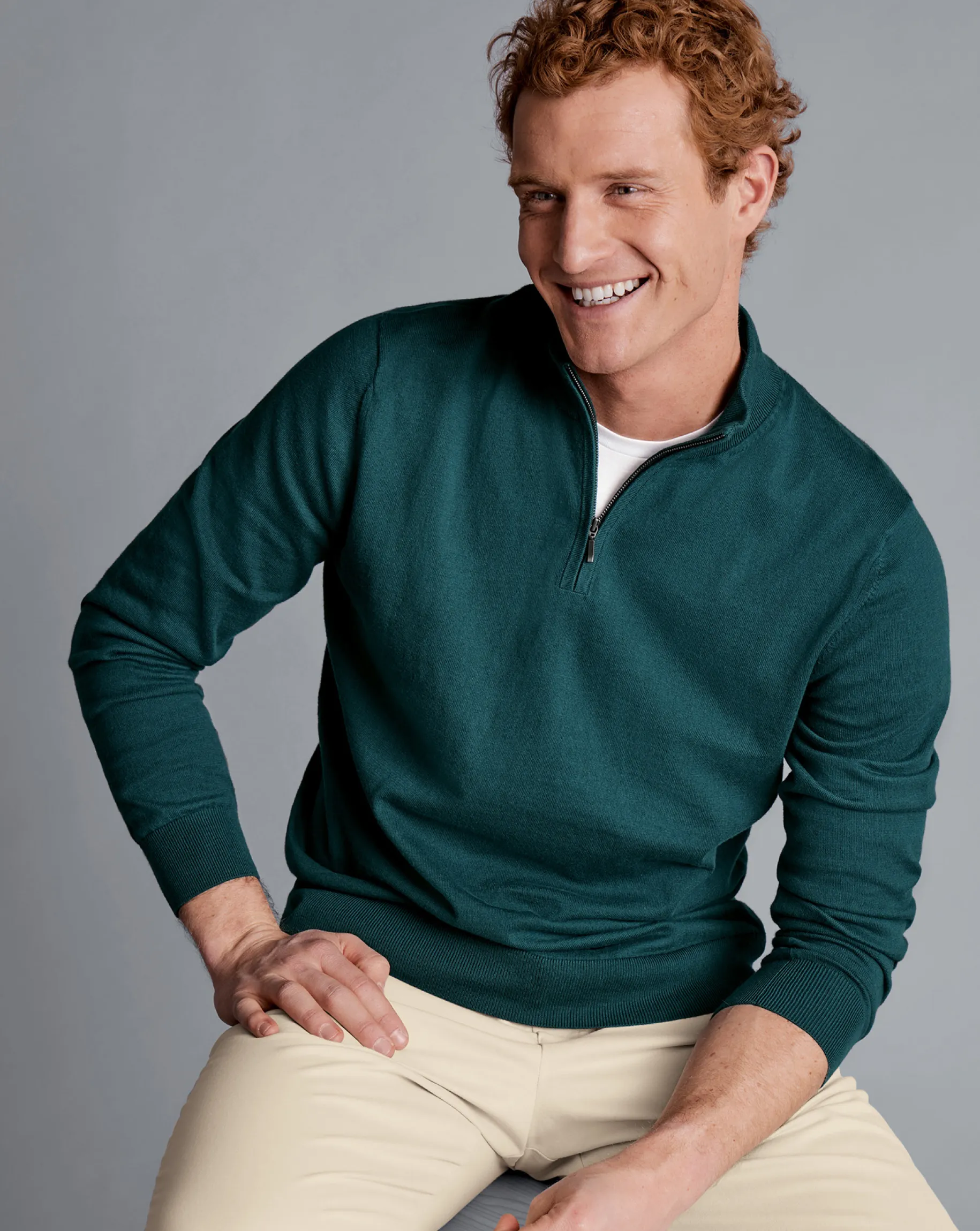 Sweaters<Charles Tyrwhitt Combed Cotton Quarter Zip Sweater - Green Teal