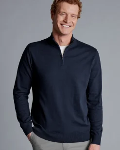 Sweaters<Charles Tyrwhitt Combed Cotton Quarter Zip Sweater - Dark Navy