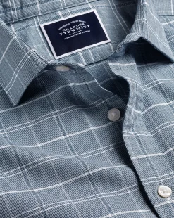 Shirt Sale|Casual Shirts<Charles Tyrwhitt Cotton Linen Check Short Sleeve Shirt - Petrol Blue