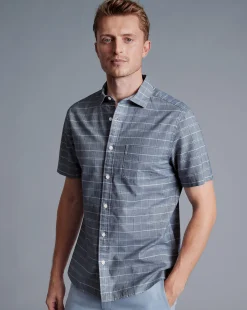 Shirt Sale|Casual Shirts<Charles Tyrwhitt Cotton Linen Check Short Sleeve Shirt - Petrol Blue
