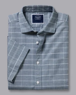 Shirt Sale|Casual Shirts<Charles Tyrwhitt Cotton Linen Check Short Sleeve Shirt - Petrol Blue