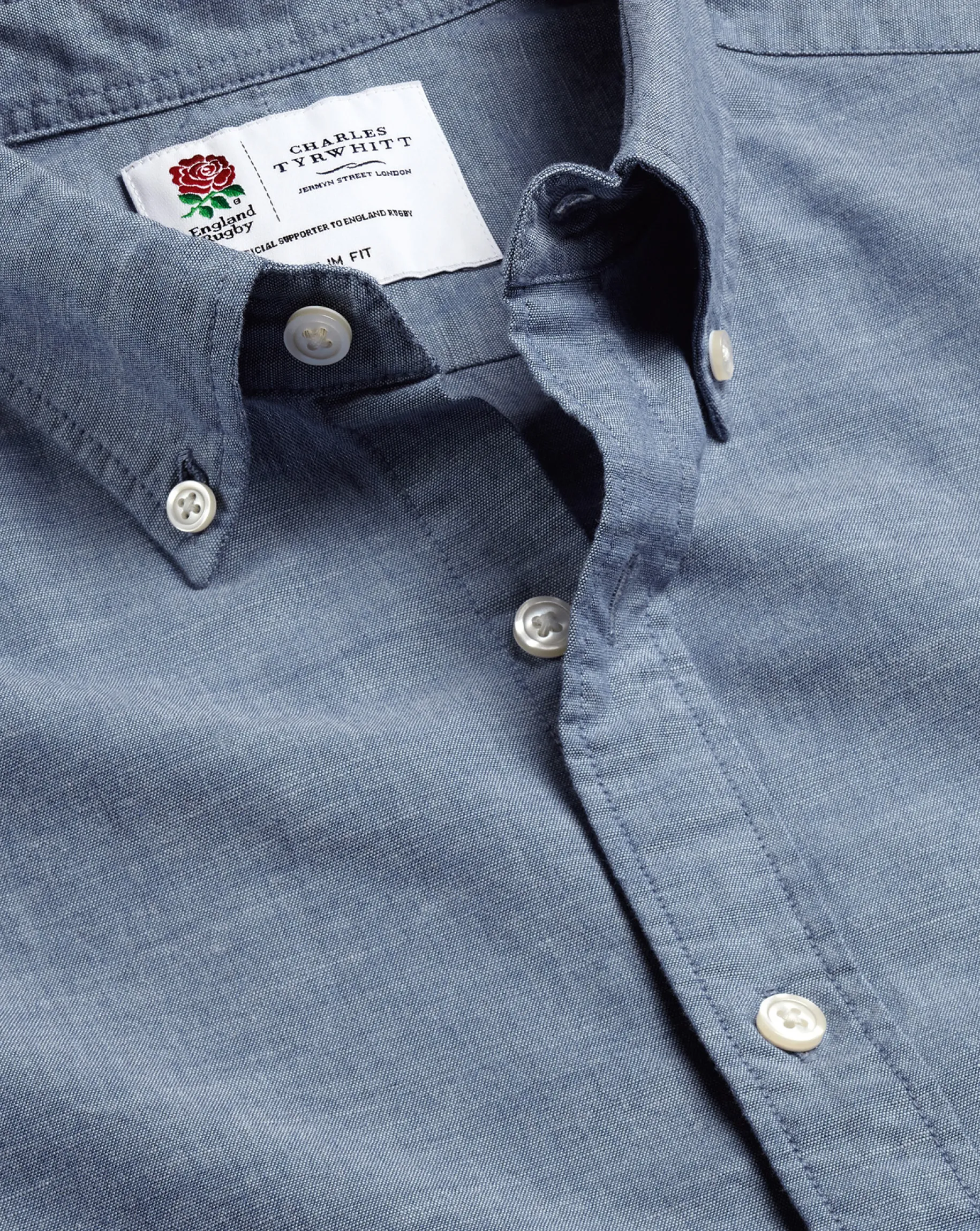 Casual Shirts|Blue Shirts<Charles Tyrwhitt England Rugby Button-Down Collar Chambray Shirt - Mid Blue