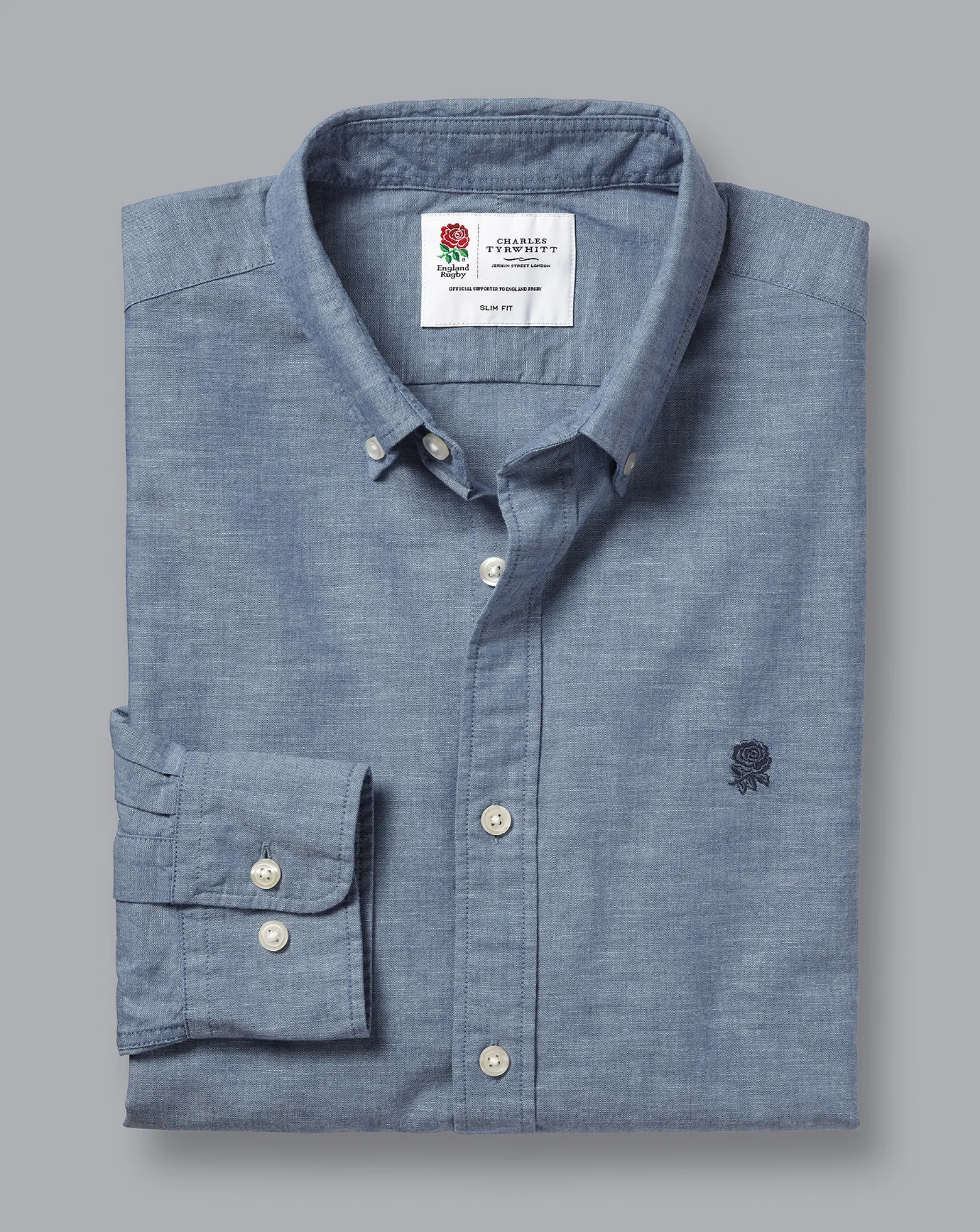 Casual Shirts|Blue Shirts<Charles Tyrwhitt England Rugby Button-Down Collar Chambray Shirt - Mid Blue