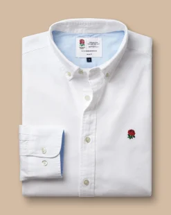 Casual Shirts|White Shirts<Charles Tyrwhitt England Rugby Button-Down Collar Washed Oxford Shirt with Red Rose - White