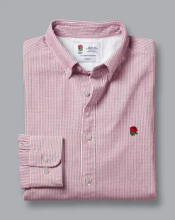 Casual Shirts|S<Charles Tyrwhitt England Rugby Button-Down Collar Washed Oxford Stripe Shirt - Wine Red