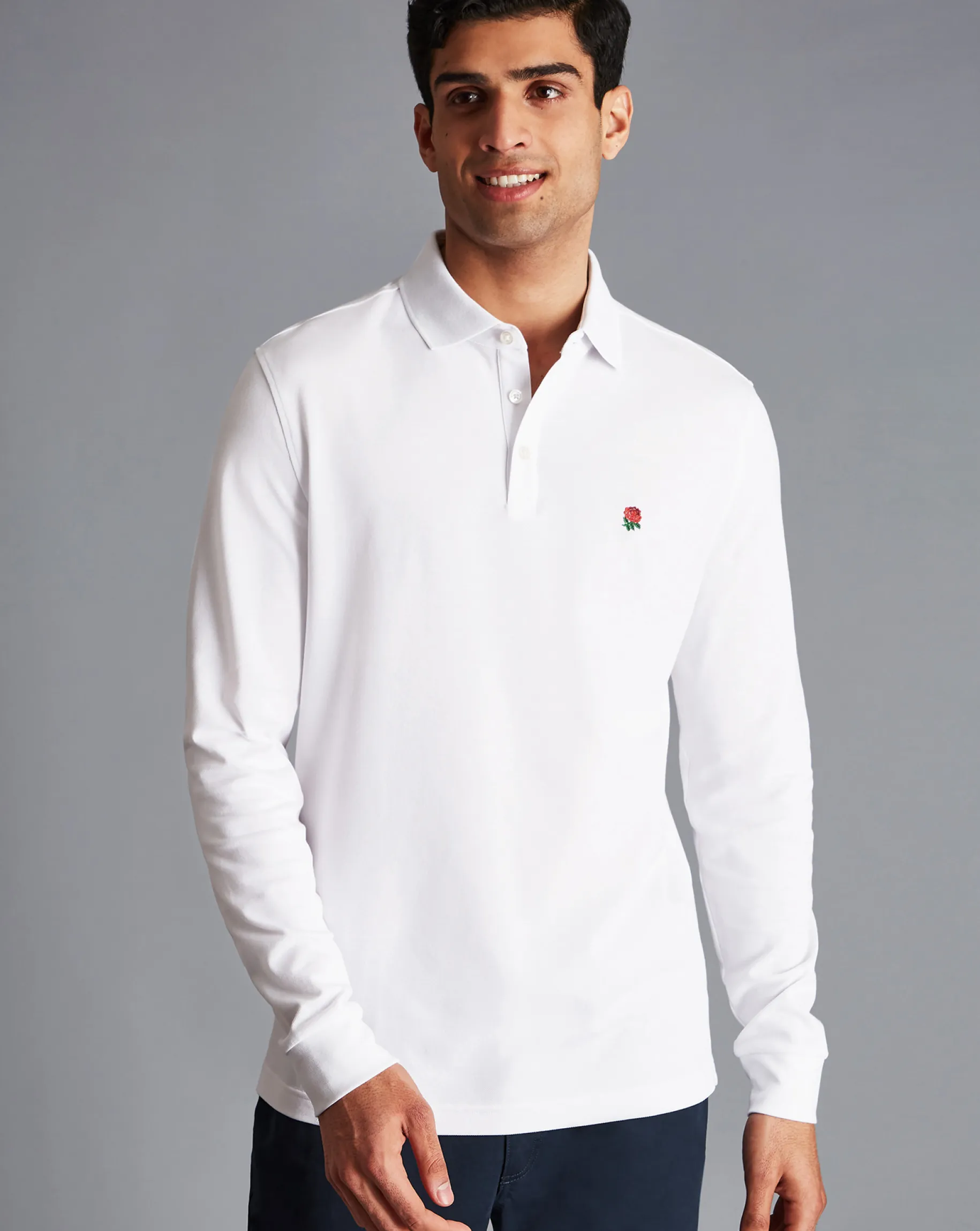 White Shirts|White<Charles Tyrwhitt England Rugby Long Sleeve Pique Polo - White