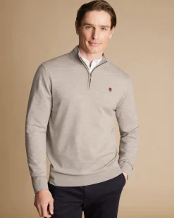 Quarter Zip Sweaters|Sweaters<Charles Tyrwhitt England Rugby Merino Quarter Zip Sweater - Limestone