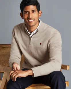 Quarter Zip Sweaters|Sweaters<Charles Tyrwhitt England Rugby Merino Quarter Zip Sweater - Limestone