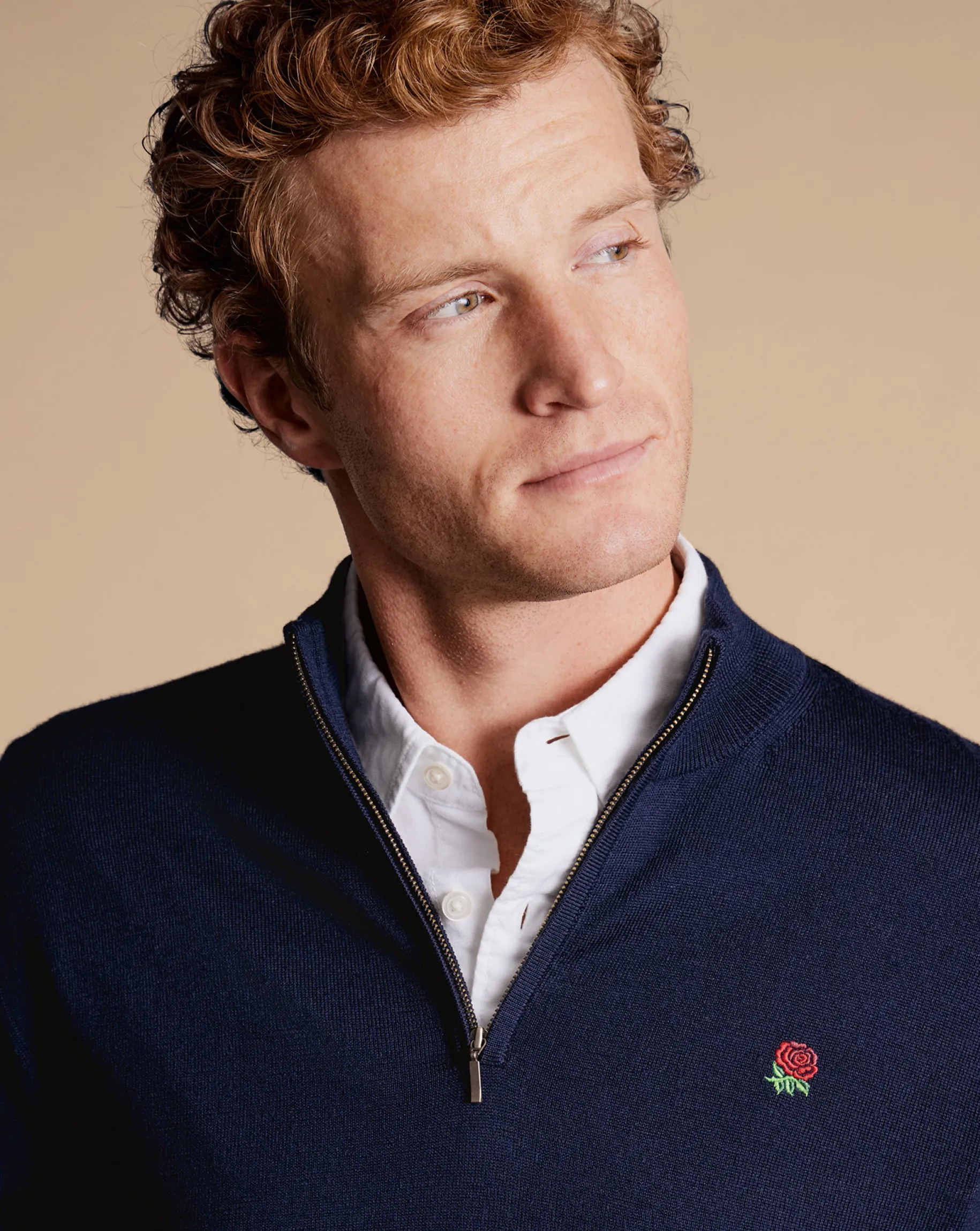 Quarter Zip Sweaters|Sweaters<Charles Tyrwhitt England Rugby Red Rose Merino Quarter Zip Sweater - Navy