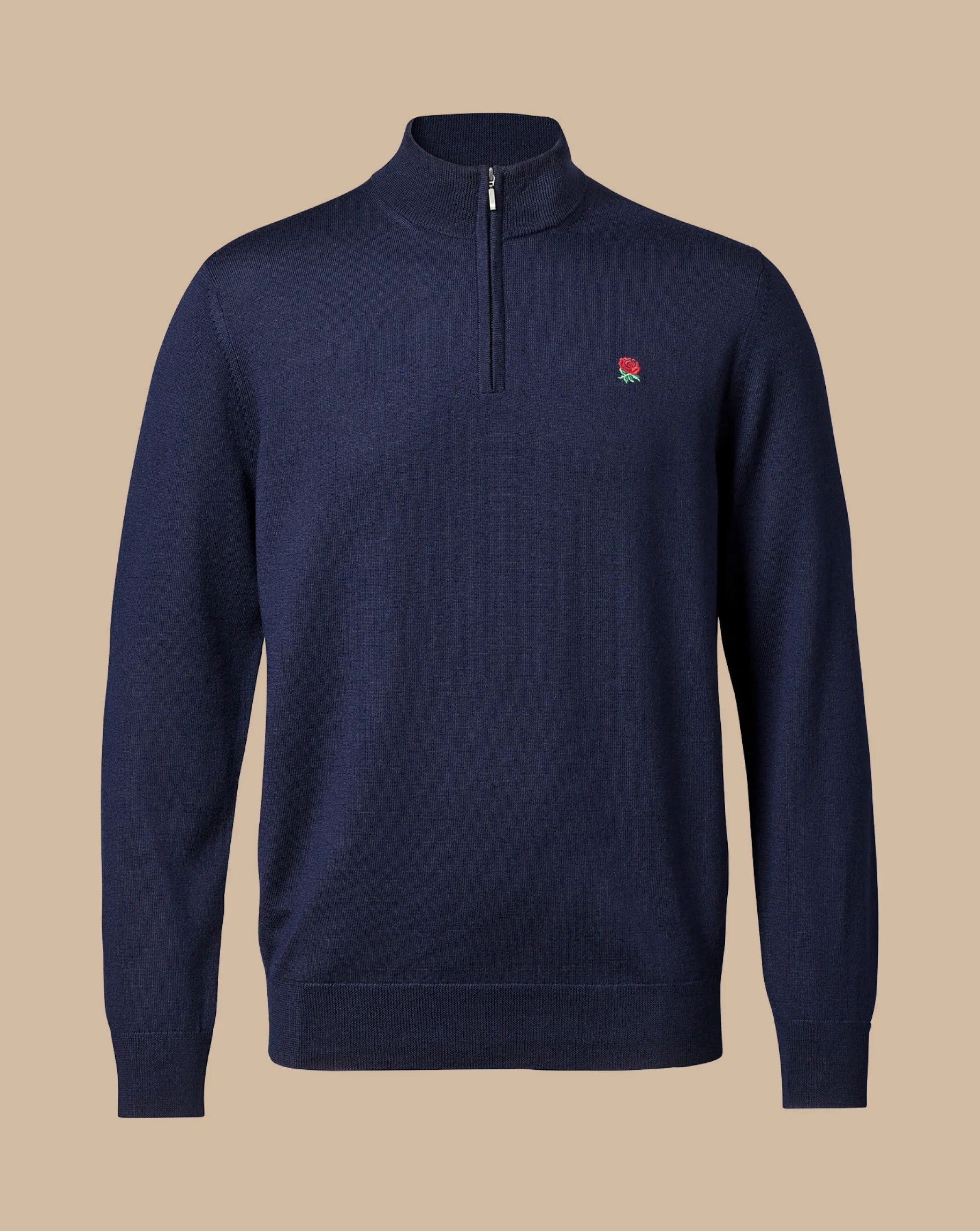Quarter Zip Sweaters|Sweaters<Charles Tyrwhitt England Rugby Red Rose Merino Quarter Zip Sweater - Navy