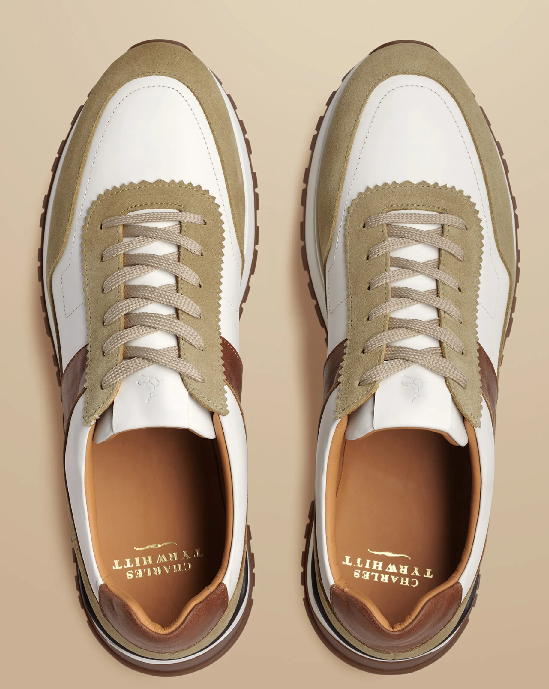 Shoes<Charles Tyrwhitt Leather and Suede Sneakers - Cream & Dark Sand Brown Multicoloured