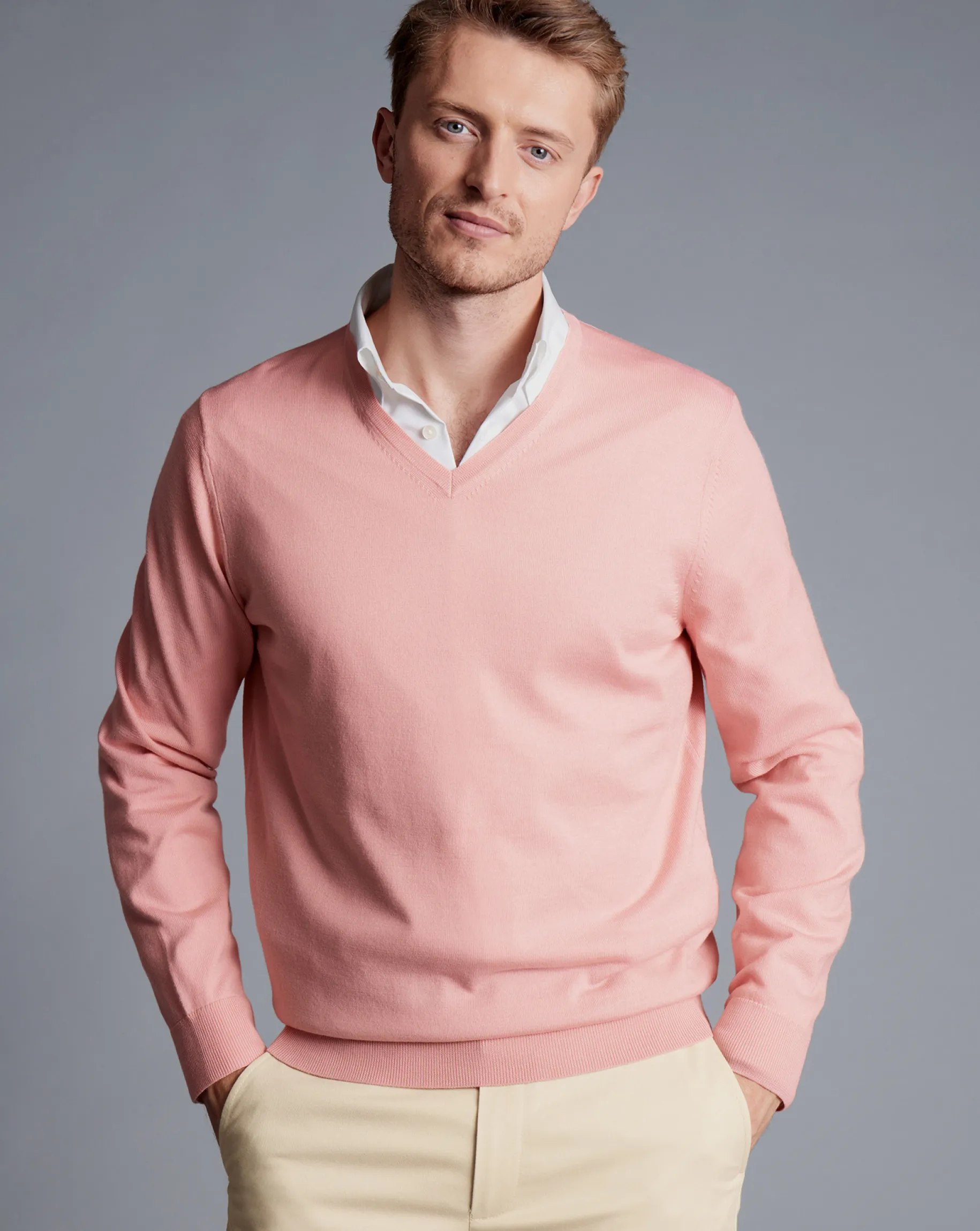 Sweaters|Merino Sweaters<Charles Tyrwhitt Light Coral Pure Merino V Neck Sweater Light Coral Pink