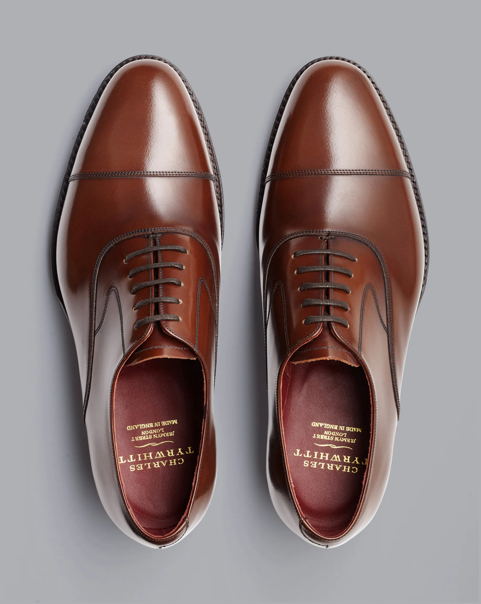 Shoes<Charles Tyrwhitt Made in England High-Shine Leather Oxford Shoes - Dark Tan