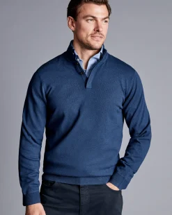 Sweaters|Blue Sweaters<Charles Tyrwhitt Merino Cashmere Button Neck Sweater - Indigo