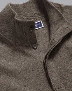 Sweaters|Brown Sweaters<Charles Tyrwhitt Merino Cashmere Button Neck Sweater - Mocha