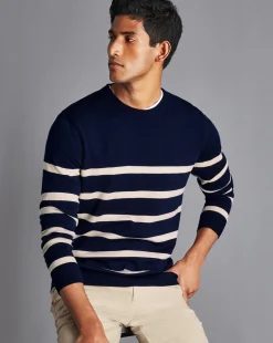 Sweaters<Charles Tyrwhitt Merino Crew Neck Striped Sweater - Navy & Stone
