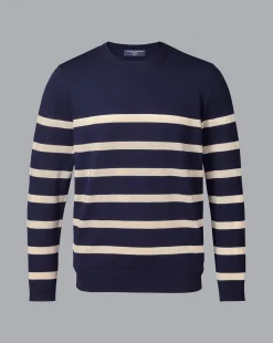 Sweaters<Charles Tyrwhitt Merino Crew Neck Striped Sweater - Navy & Stone