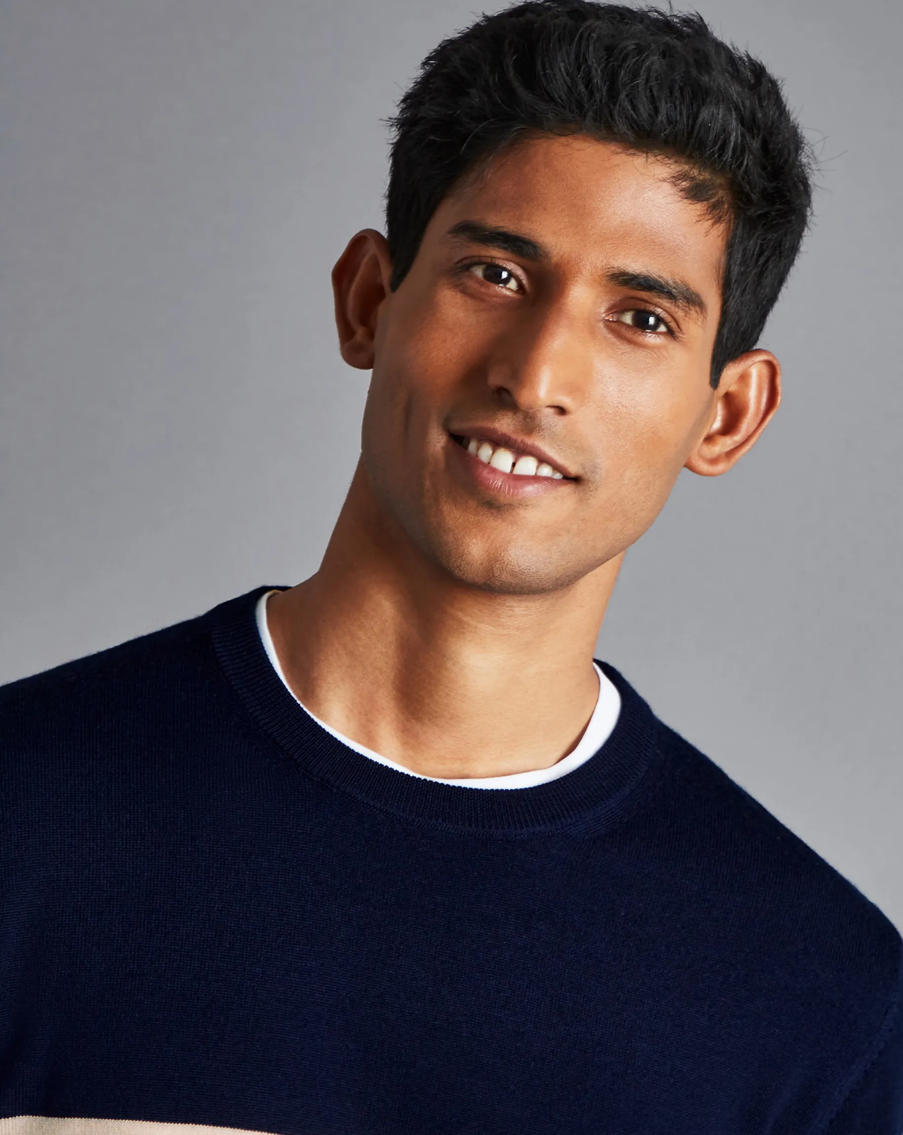 Sweaters<Charles Tyrwhitt Merino Crew Neck Striped Sweater - Navy & Stone