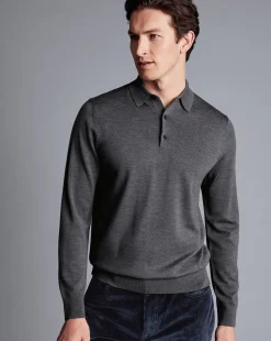 Grey|Long Sleeve polos<Charles Tyrwhitt Merino Polo Sweater - Grey