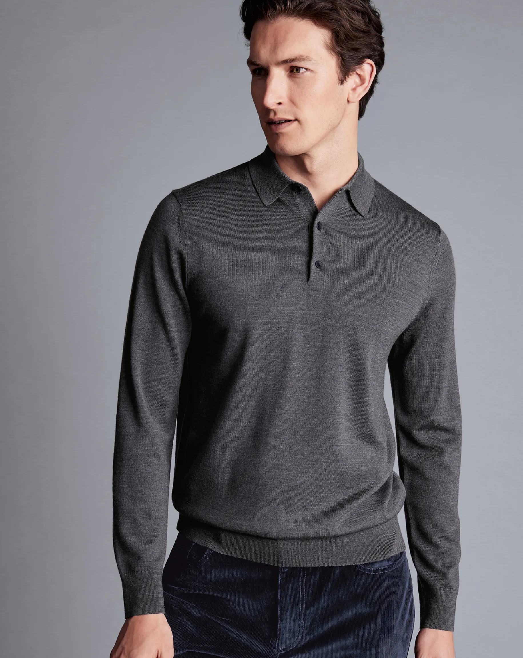 Grey|Long Sleeve polos<Charles Tyrwhitt Merino Polo Sweater - Grey