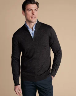 Grey Sweaters|Quarter Zip Sweaters<Charles Tyrwhitt Merino Quarter Zip Sweater - Grey Charcoal